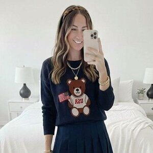 Teddy Bear USA Flag Americana Sweater Knit Top Nikka G Patriotic Navy Blue Large